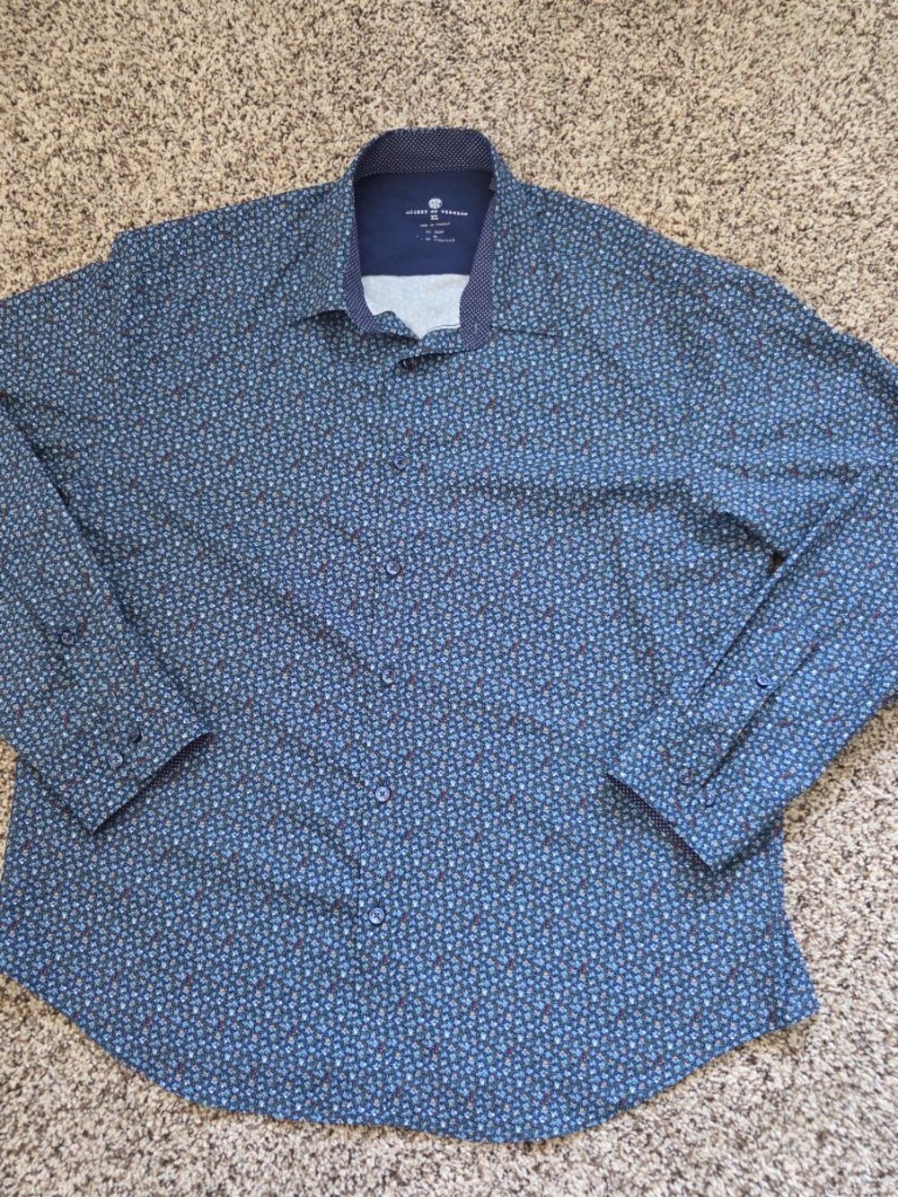 Society Of Threads Shirt Men XL Blue Floral Comfort Stretch No Iron Button Up